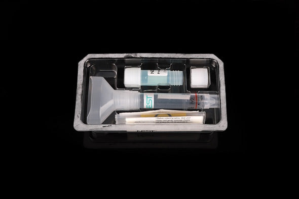 Saliva Collection Kit -  Saliva Collection Kit,Disposable Sampler, Saliva/Gargle Collection Kit, Each Kit Includes a Funnel, an empty 5mL vial, a 5 mL Vial Filled with 4.0 mL saline, Sterile, Blister Package, 100 kits/case Cat.No.：203071