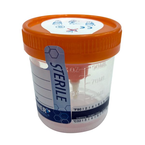 Tanner Scientific® Specimen Cups, 3oz, Temperature Strip, Orange Vac Lid, Sterile (400/Case)